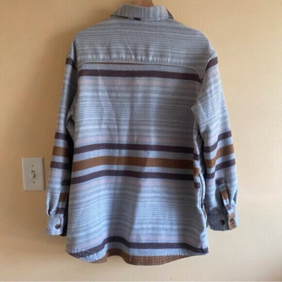Columbia Calico Basin Shirt Jacket Shaket Woman Large Grey Stripped Pockets Cozy - Picture 3 of 16